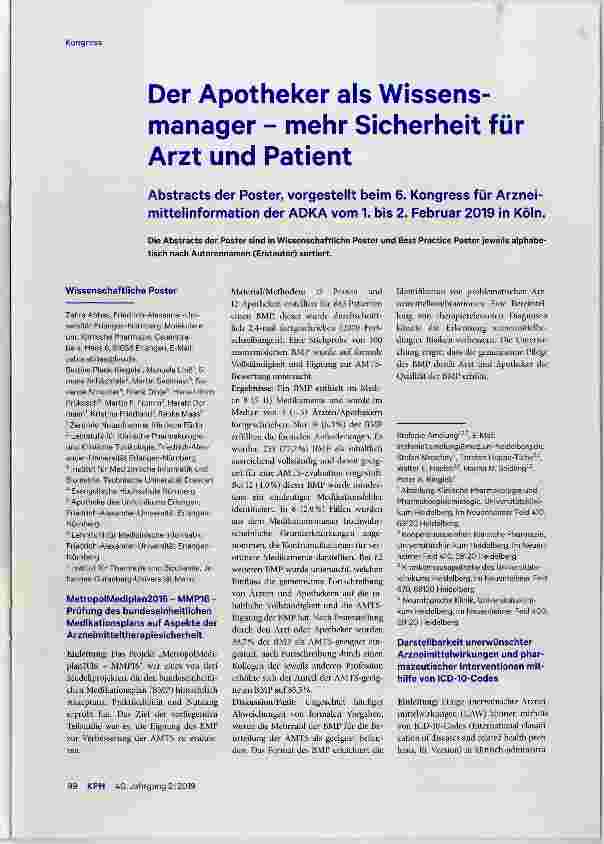 Vorschauseite 1: Der Apotheker als Wissensmanager mehr Sicherheit für Arzt und Patient