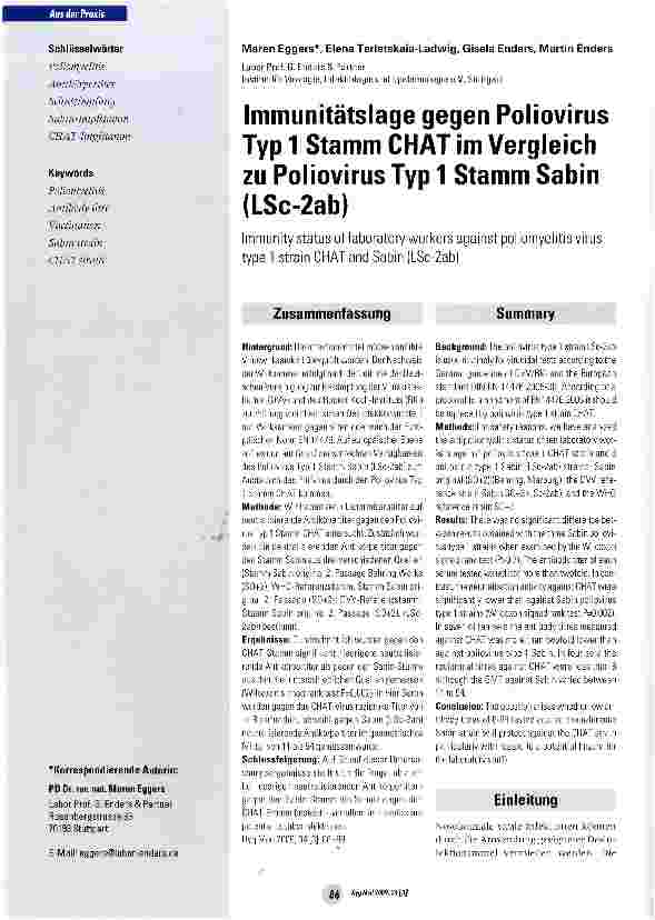 Vorschauseite 1: Immunitätslage gegen Poliovirus Typ 1 Stamm CHAT im Vergleich zu Poliovirus Typ 1 Stamm Sabin (LSc-2ab)