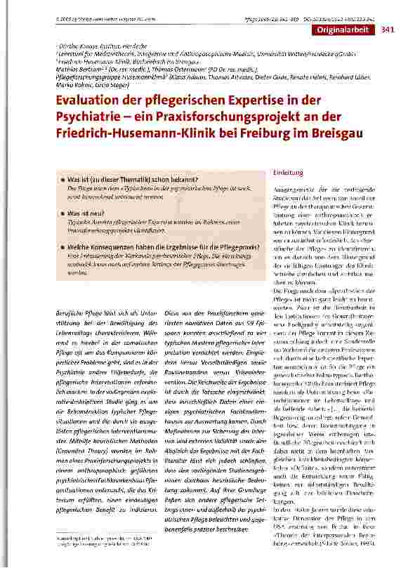 Vorschauseite 1: Evaluation der pflegerischen Expertise in der Psychiatrie - ein Praxisforschungsprojekt an der Friedrich-Husemann-Kiinik bei Freiburg im Breisgau