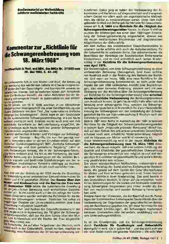 Vorschauseite 1: Kommentar zur Richtlinie für Schwangerenbetreuung vom 18. März 1988
