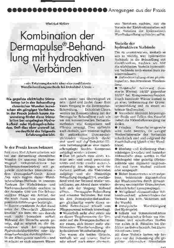 Vorschauseite 1: Kombination der Dermapulse-Behandlung mit hydroaktiven Verbänden Ein Erfahrungsbericht über eine modifizierte Wundbehandlungsmethode bei Dekubital-Ulcera