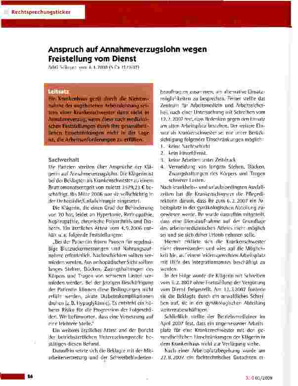 Vorschauseite 1: Anspruch auf Annahmeverzugslohn wegen Freistellung vom Dienst