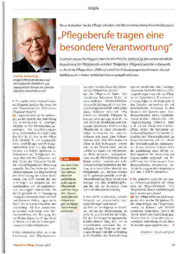 Vorschauseite 1: Neue Aufgaben für die Pflege erfordern die Weiterentwicklung ihres RechtsstatusPflegeberufe tragen eine besondere Verantwortung