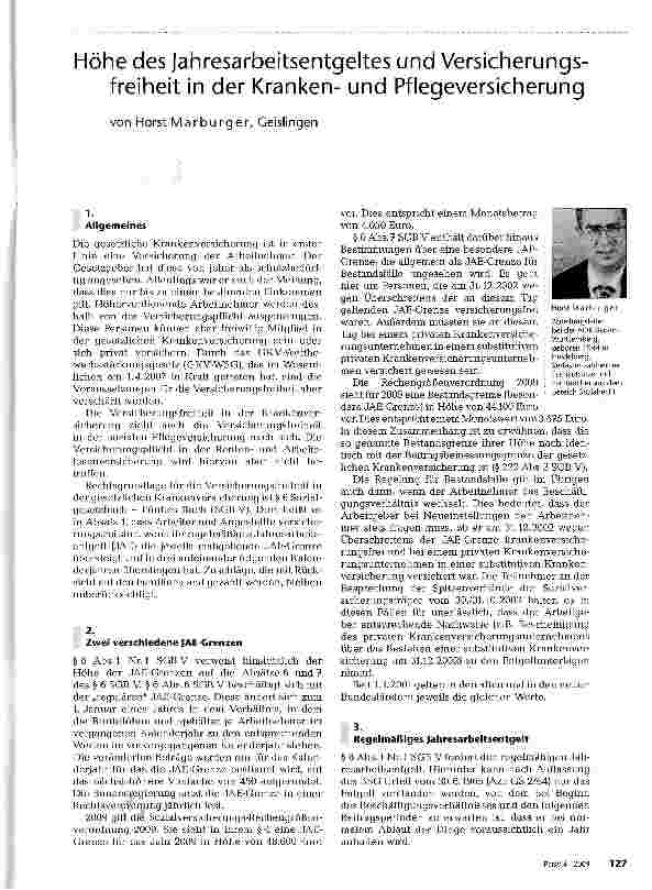 Vorschauseite 1: Höhe des Jahresarbeitsentgeltes und Versicherungsfreiheit in der Krankenund Pflegeversicherung