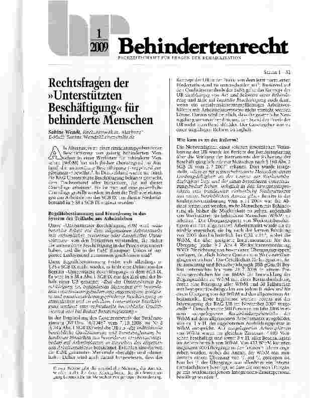 Vorschauseite 1: Rechtsfragen der »Unterstützten Beschäftigung« für behinderte Menschen
