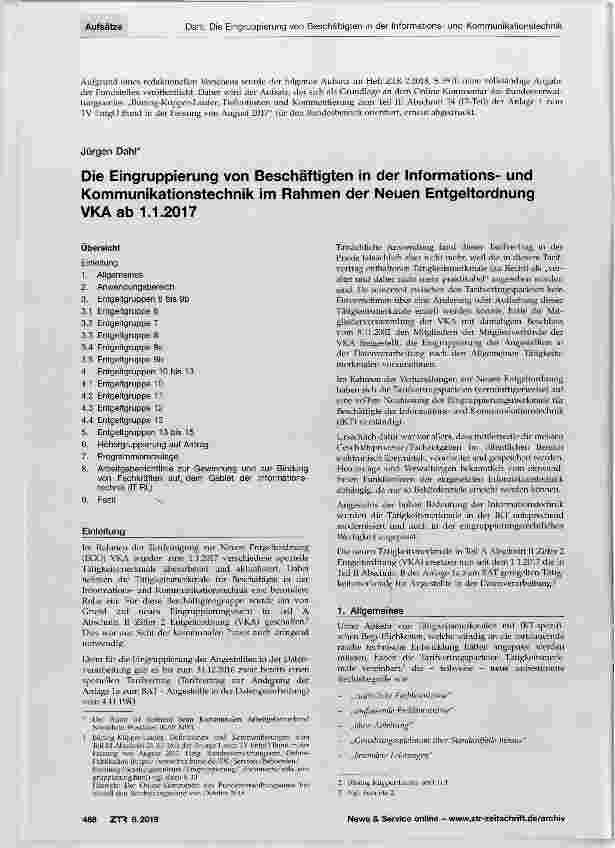Vorschauseite 1: Die Eingruppierung von Beschäftigten in der Informationsund Kommunikationstechnik im Rahmen der Neuen Entgeltordnung VKA ab 1. 1. 2017