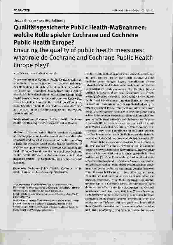 Vorschauseite 1: Qualitätsgesicherte Public Health-Maßnahmen: welche Rolle spielen Cochrane und Cochrane Public Health Europe?