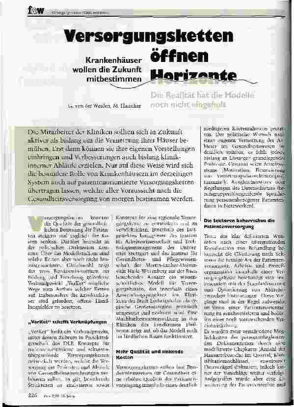 Vorschauseite 1: Versorgungsketten öffnen Horizonte Krankenhäuser wollen die Zukunft mitbestimmen