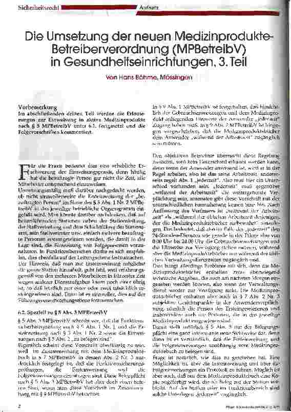 Vorschauseite 1: Die Umsetzung der neuen Medizinprodukte-Betreiberverordnung (MPBetreibV) in Gesundheitseinrichtungen, 3. Teil