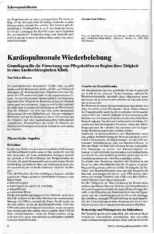 Vorschauseite 1: Kardiopulmonale Wiederbelebung / Grundlagen für die Einweisung von Pflegekräften zu Beginn ihrer Tätigkeit in e. kardiochirurg. Klinik