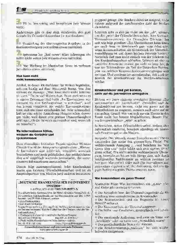 Vorschauseite 2: PR im Krankenhaus: ... und berichten sie was Gutes über uns Vom Verhältnis zwischen der heilenden und der schreibenden Zunft