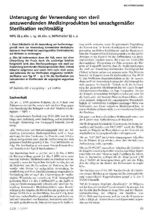 Vorschauseite 1: Untersagung der Verwendung von steril anzuwendenden Medizinprodukten bei unsachgemäßer Sterilisation rechtmäßig
