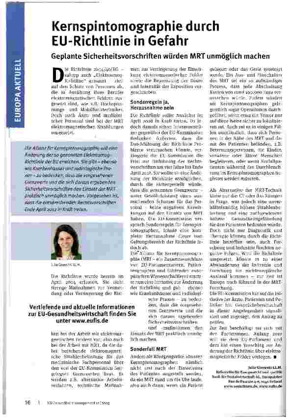 Vorschauseite 1: Kernspintomographie durch EU-Richtlinie in Gefahr