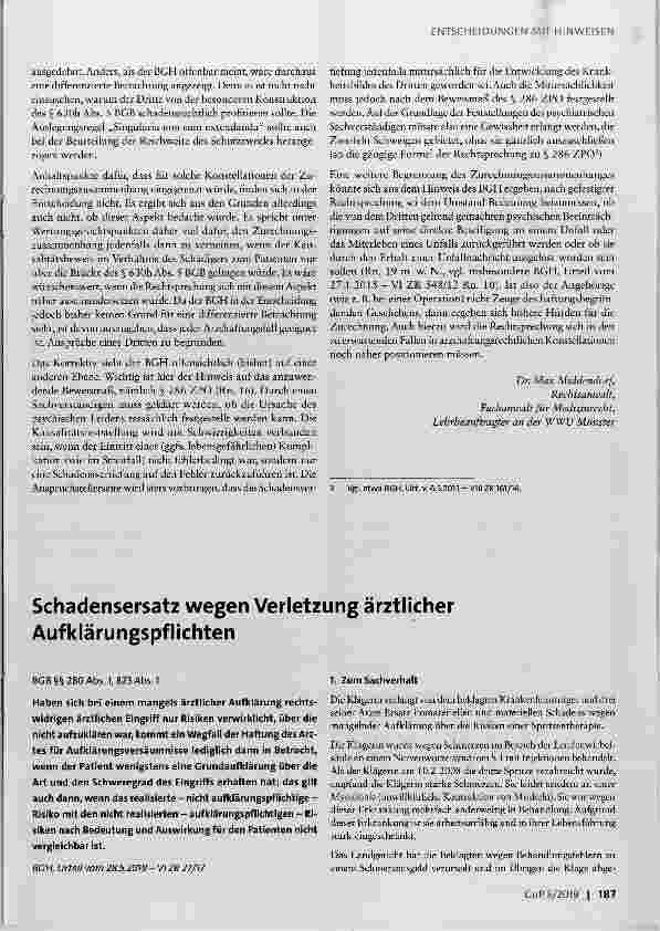 Vorschauseite 1: Schadensersatz wegen Verletzung ärztlicher Aufklärungspflichten