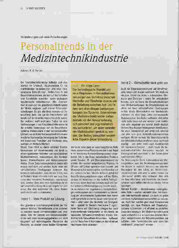 Vorschauseite 1: Personaltrends in der Medizintechnikindustrie Trend 2 Wirtschaftlichkeit geht vor