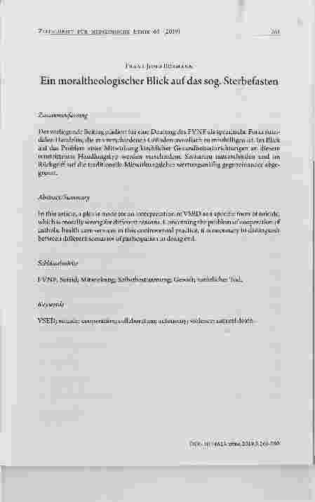 Vorschauseite 1: Ein moraltheologischer Blick auf das sog. Sterbefasten