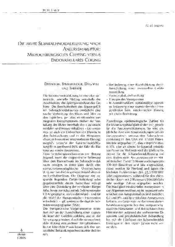 Vorschauseite 1: DIE AKUTE SUBARACHNOIDALBLUTUNG NACH ANEURYSMARUPTUR: MIKROCHIRURGISCHES CLIPPING VERSUSENDOVASKULÄRES COILING