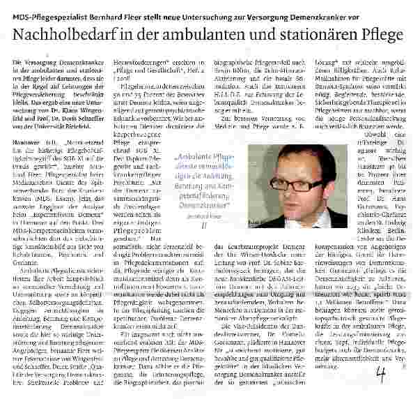 Vorschauseite 1: MDS-Pflegespezialist Bernhard Fleer stellt neue Untersuchung zur Versorgung Demenzkranker vorNachholbedarf in der ambulanten und stationären Pflege