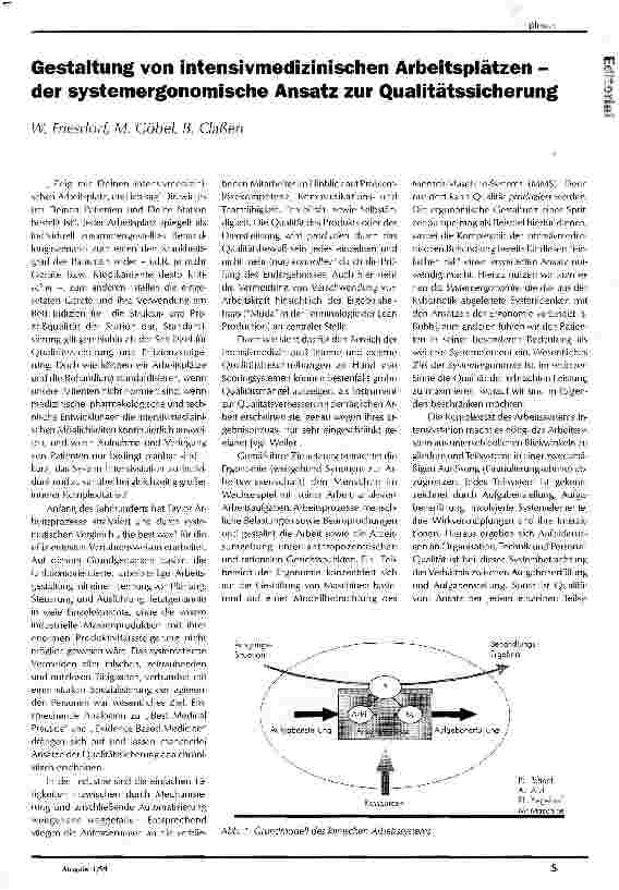 Vorschauseite 1: Gestaltung von intensivmedizinischen Arbeitsplätzen - der systemergonomische Ansatz zur Qualitätssicherung