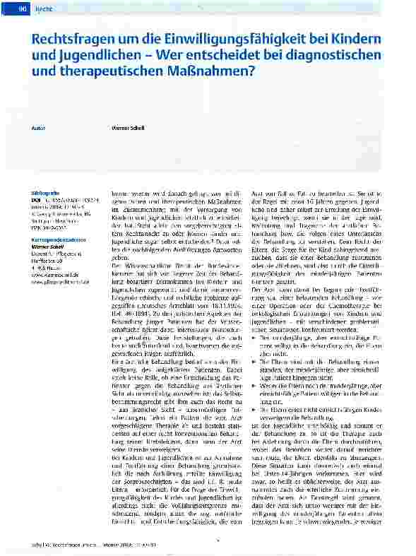 Vorschauseite 1: Rechtsfragen um die Einwilligungsfähigkeit bei Kindern und Jugendlichen - Wer entscheidet bei diagnostischen und therapeutischen Maßnahmen?