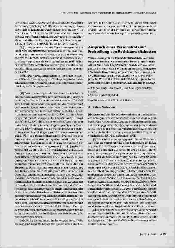 Vorschauseite 1: Anspruch eines Personalrats auf Freistellung von Rechtsanwaltskosten
