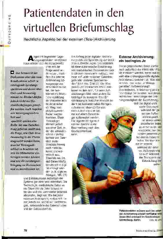 Vorschauseite 1: Patientendaten in den virtuellen Briefumschlag Rechtliche Aspekte bei der externen (Tele-) Archivierung