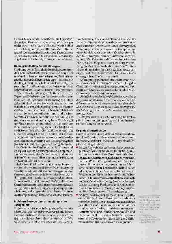 Vorschauseite 2: Zur Zulässigkeit fachübergreifender (Vordergrund-) Bereitschaftsdienste für Chirurgie und Innere Medizin