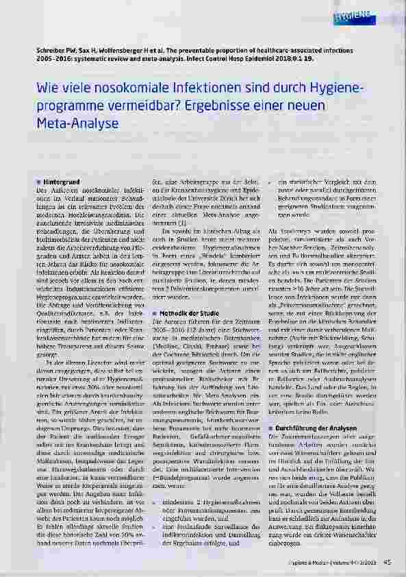 Vorschauseite 1: Wie viele nosokomiale Infektionen sind durch Hygieneprogramme vermeidbar? Ergebnisse einer neuen Meta-Analyse
