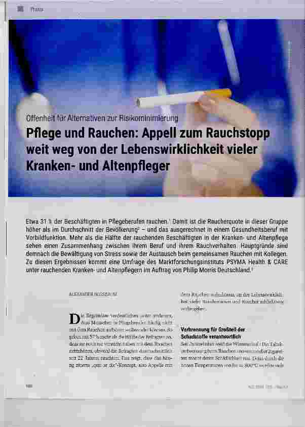 Vorschauseite 1: Offenheit für Alternativen zur Risikominimierung Pflege und Rauchen: Appell zum Rauchstopif weit weg von der Lebenswirklichkeit vieler Krankenund Altenpfleger
