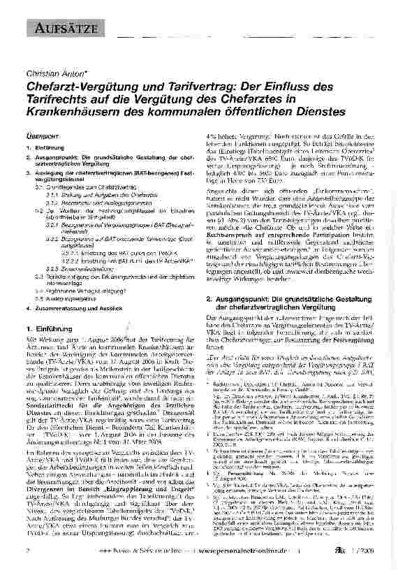 Vorschauseite 1: Chefarzt-Vergütung und Tarifvertrag: Der Einfluss des Tarif rechts auf die Vergütung des Chefarztes in Krankenhäusern des kommunalen öffentlichen Dienstes