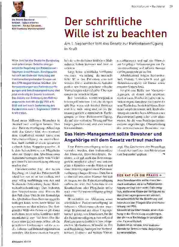 Vorschauseite 1: Der schriftliche Wille ist zu beachten Am 1. September tritt das Gesetz zur Patientenverfügung in Kraft