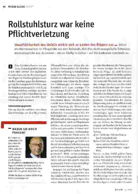 Vorschauseite 1: Rollstuhlsturz war keine Pflichtverletzung