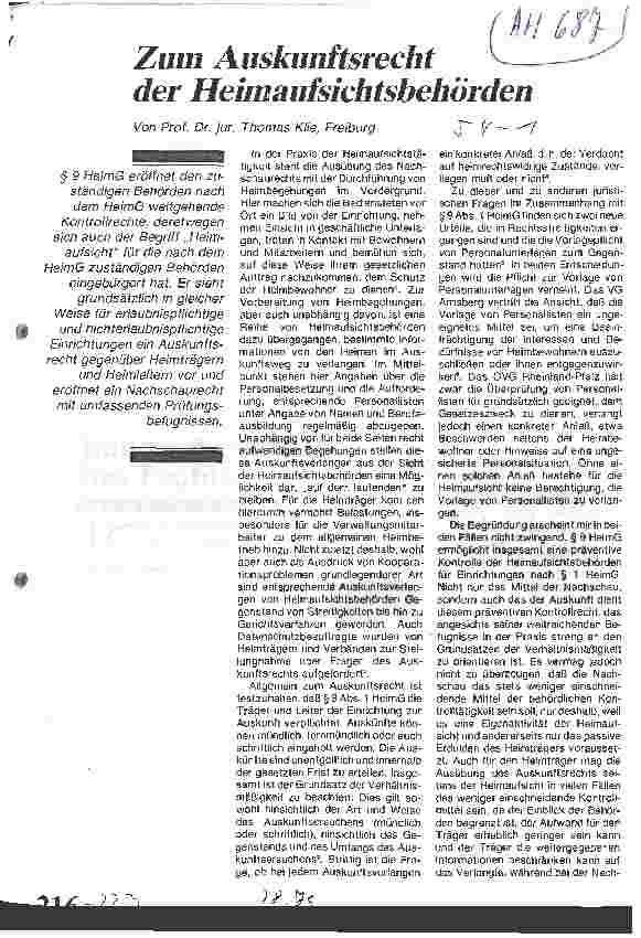 Vorschauseite 1: Zum Auskunftsrecht der Heimaufsichtsbehörden