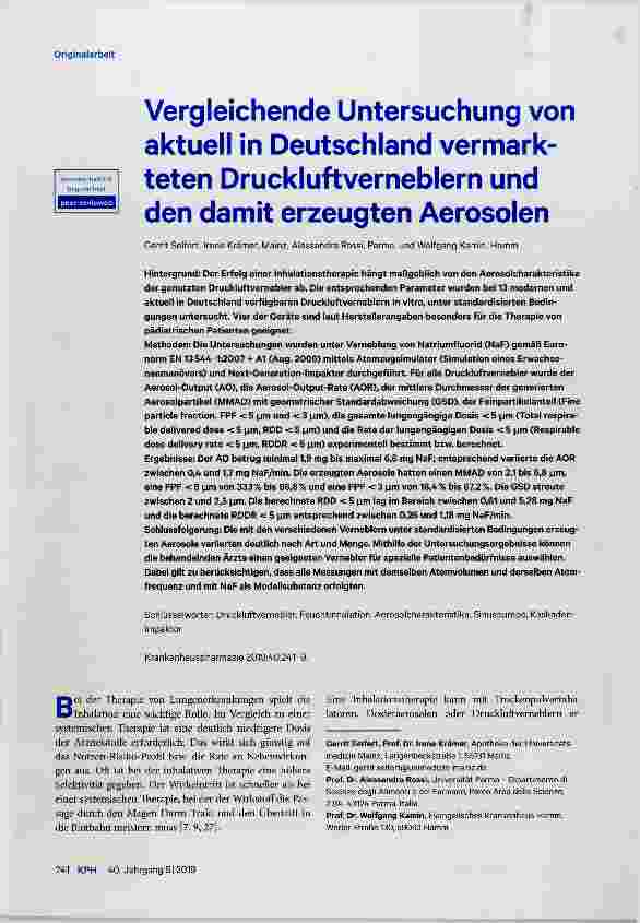Vorschauseite 1: Vergleichende Untersuchung von aktuell in Deutschland vermarkteten Druckluftverneblern und den damit erzeugten Aerosolen