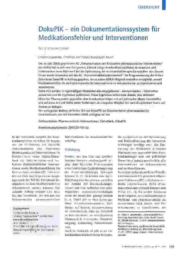 Vorschauseite 1: DokuPIK - ein Dokumentationssystem für Medikationsfehler und Interventionen