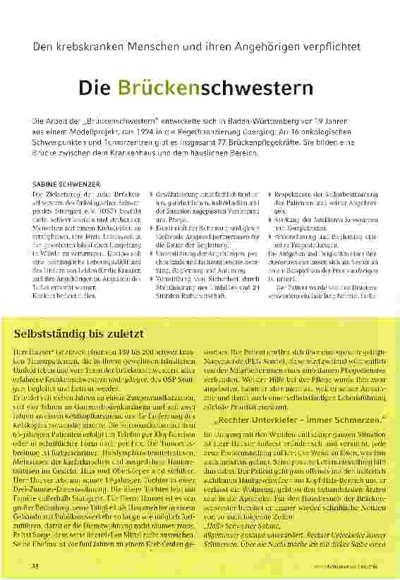 Vorschauseite 1: Den krebskranken Menschen und ihren Angehörigen verpflichtetDie Brückenschwestern