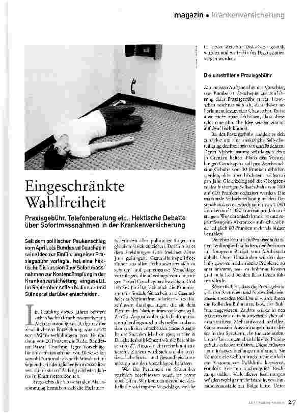 Vorschauseite 1: Eingeschränkte WahlfreiheitPraxisgebühr, Telefonberatung etc. : Hektische Debatte über Sofortmassnahmen in der Krankenversicherung