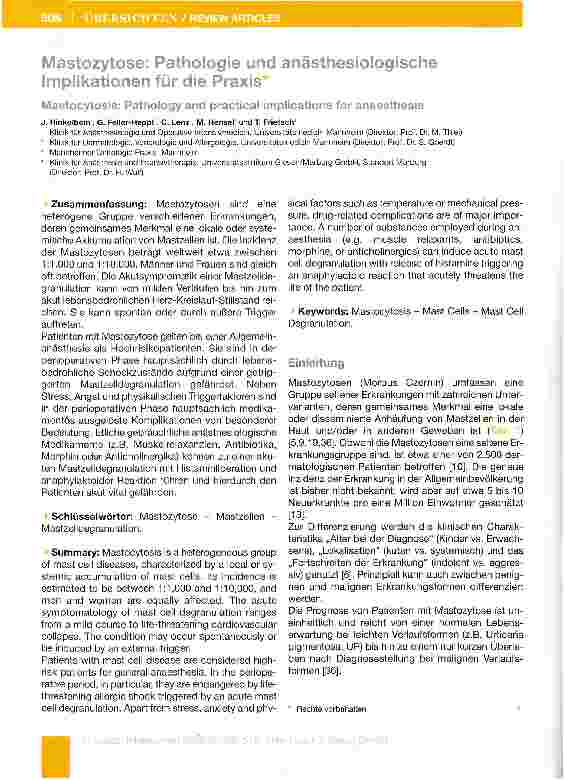 Vorschauseite 1: Mastozytose: Pathologie und anästhesiologische Implikationen für die Praxis