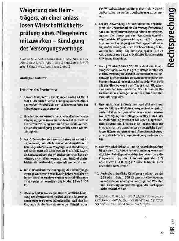 Vorschauseite 1: Weigerung des Heimträgers, an einer anlasslosen Wirtschaftlichkeitsprüfung eines Pflegeheims mitzuwirken - Kündigung des Versorgungsvertrags
