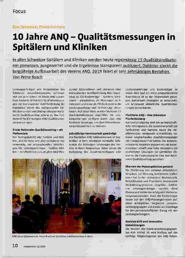 Vorschauseite 1: 10 Jahre ANQ - Qualitätsmessungen in Spitälern und Kliniken