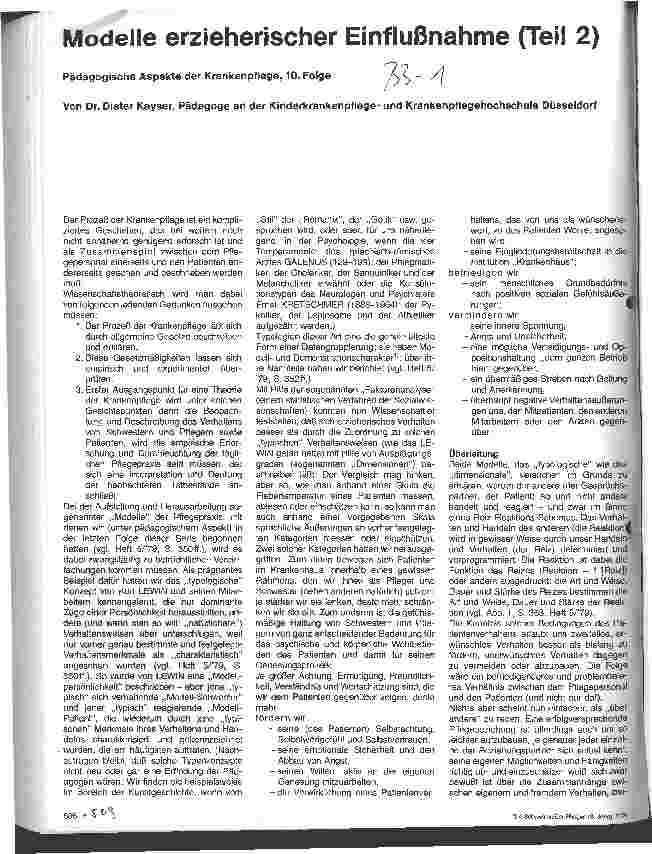 Vorschauseite 1: Pädagogische Aspekte der Krankenpflege 10. Folge: Modelle erzieherischer Einflußnahme (Teil 2)