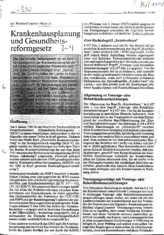 Vorschauseite 1: Krankenhausplanung und Gesundheitsreformgesetz
