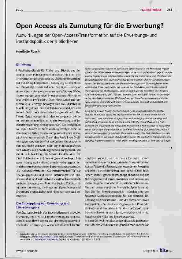 Vorschauseite 1: Open Access als Zumutung für die Erwerbung?