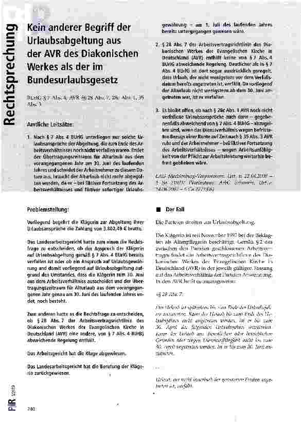Vorschauseite 1: Kein anderer Begriff der Urlaubsabgeltung aus der AVR des Diakonischen Werkes als der im Bundesurlaubsgesetz