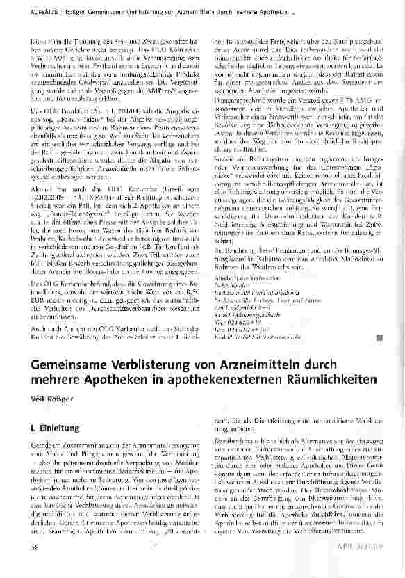 Vorschauseite 1: Gemeinsame Verblisterung von Arzneimitteln durch mehrere Apotheken in apothekenexternen Räumlichkeiten