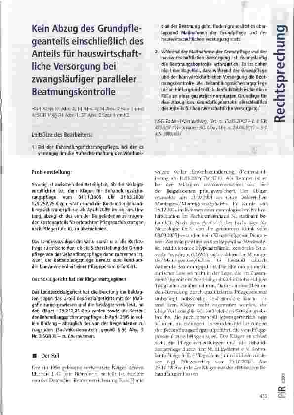 Vorschauseite 1: Kein Abzug des Grundpflegeanteils einschließlich des Anteils für hauswirtschaftliche Versorgung bei zwangsläufiger paralleler Beatmungskontrolle