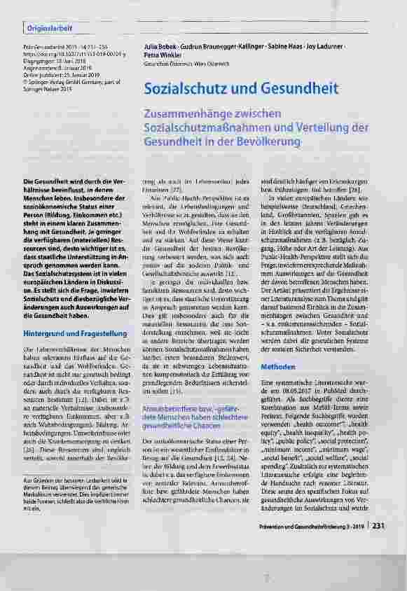 Vorschauseite 1: Sozialschutz und Gesundheit Zusammenhänge zwischen Sozialschutzmaßnahmen und Verteilung der Gesundheit in der Bevölkerung