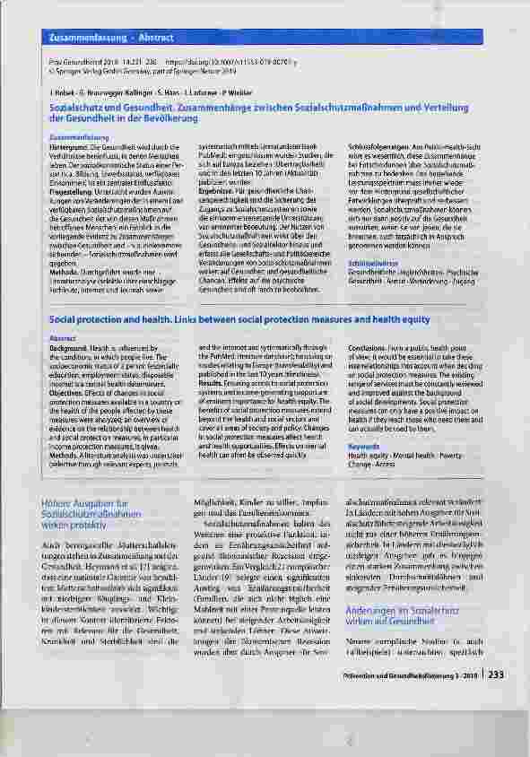 Vorschauseite 3: Sozialschutz und Gesundheit Zusammenhänge zwischen Sozialschutzmaßnahmen und Verteilung der Gesundheit in der Bevölkerung