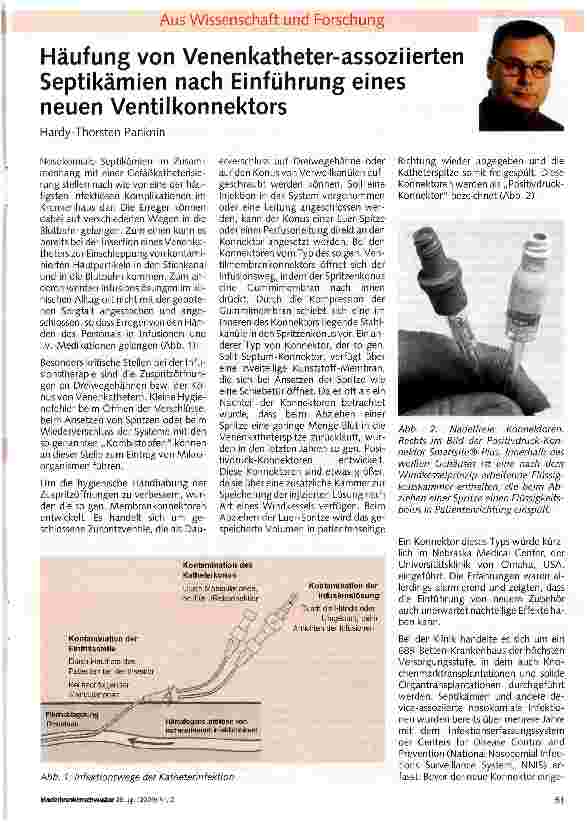 Vorschauseite 1: Häufung von Venenkatheter-assoziierten Septikämien nach Einführung eines neuen Ventilkonnektors