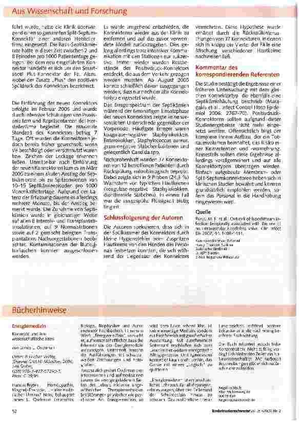 Vorschauseite 2: Häufung von Venenkatheter-assoziierten Septikämien nach Einführung eines neuen Ventilkonnektors